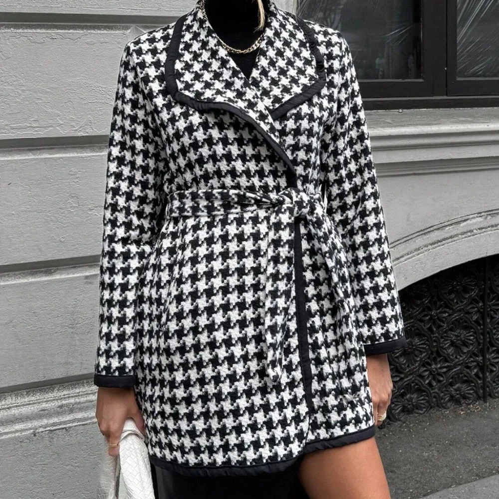 Classic Houndstooth Print Tweed Belted Coat Jacket - Picture 4 of 6
